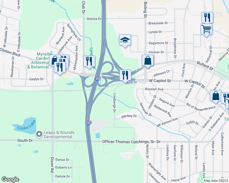 map of restaurants, bars, coffee shops, grocery stores, and more near 4400-4498 Lindbergh Drive in Jackson