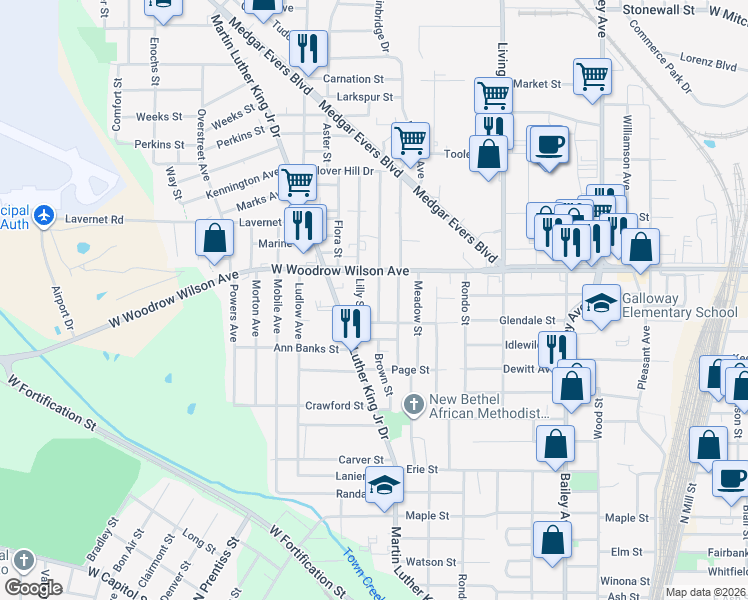 map of restaurants, bars, coffee shops, grocery stores, and more near 2623 Brown Street in Jackson