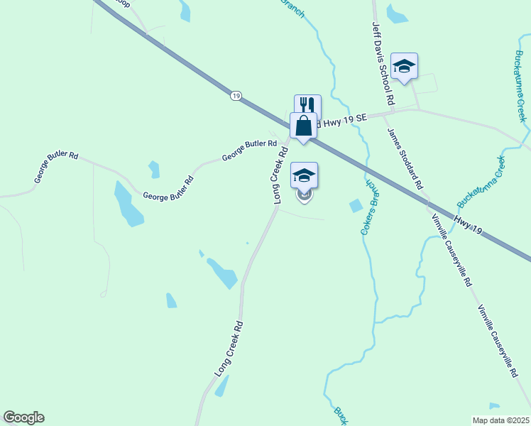 map of restaurants, bars, coffee shops, grocery stores, and more near 2357 Long Creek Road in Meridian