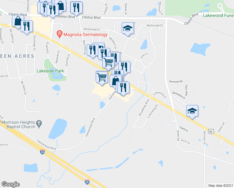 map of restaurants, bars, coffee shops, grocery stores, and more near 1001 Hampstead Boulevard in Clinton