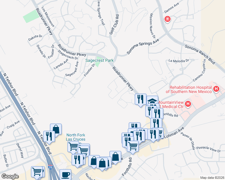 map of restaurants, bars, coffee shops, grocery stores, and more near 251 Roadrunner Parkway in Las Cruces