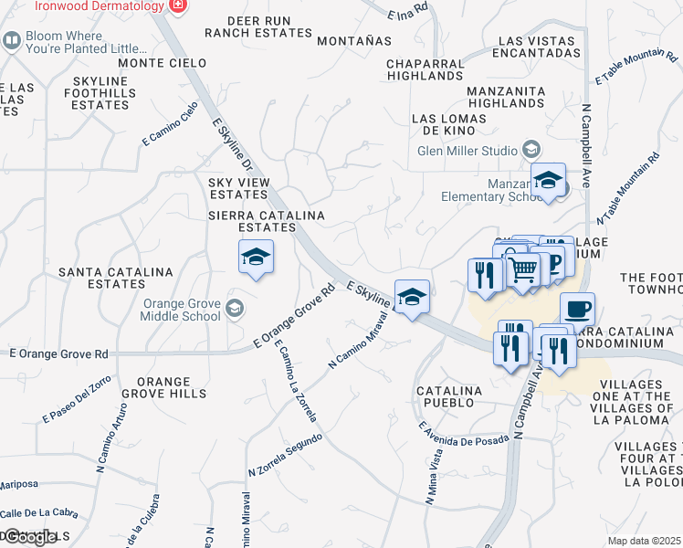 map of restaurants, bars, coffee shops, grocery stores, and more near E Skyline Dr & E Orange Grove Rd in Catalina Foothills