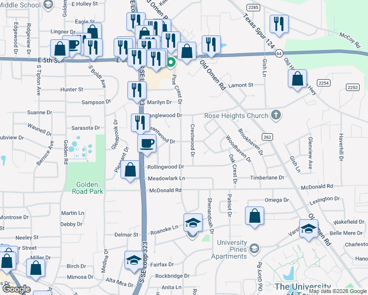 map of restaurants, bars, coffee shops, grocery stores, and more near 2109 Crestwood Drive in Tyler