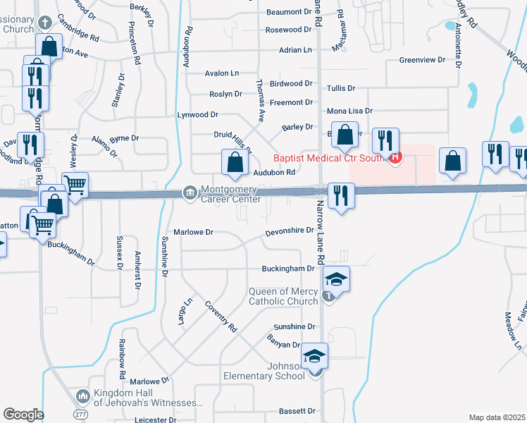 map of restaurants, bars, coffee shops, grocery stores, and more near 1250 East South Boulevard in Montgomery