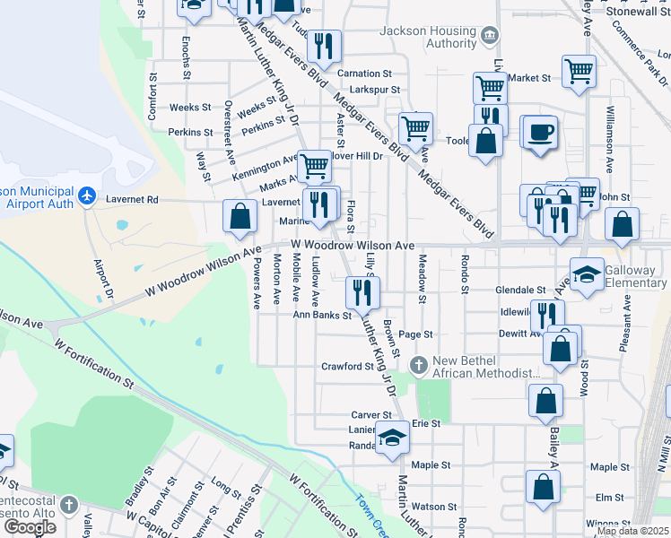 map of restaurants, bars, coffee shops, grocery stores, and more near 1049 West Woodrow Wilson Avenue in Jackson