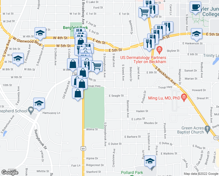 map of restaurants, bars, coffee shops, grocery stores, and more near 412 Troup Highway in Tyler