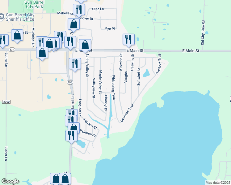 map of restaurants, bars, coffee shops, grocery stores, and more near 241 Whispering Trail in Gun Barrel City