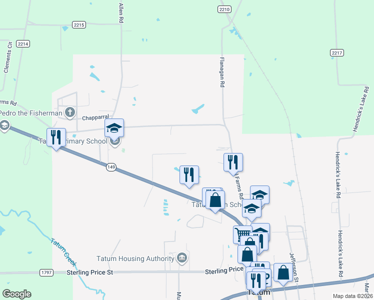 map of restaurants, bars, coffee shops, grocery stores, and more near 1215 Melinda Lane in Tatum