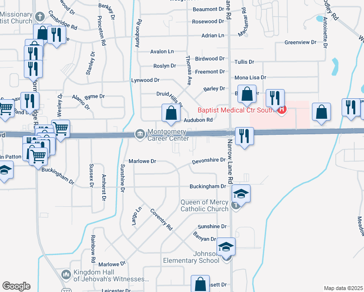 map of restaurants, bars, coffee shops, grocery stores, and more near 1250 East South Boulevard in Montgomery