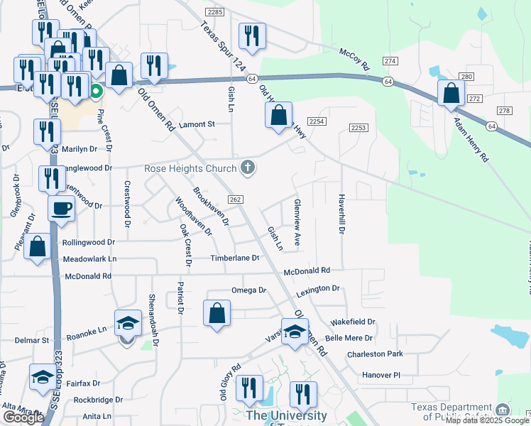 map of restaurants, bars, coffee shops, grocery stores, and more near 2216 Gish Lane in Tyler