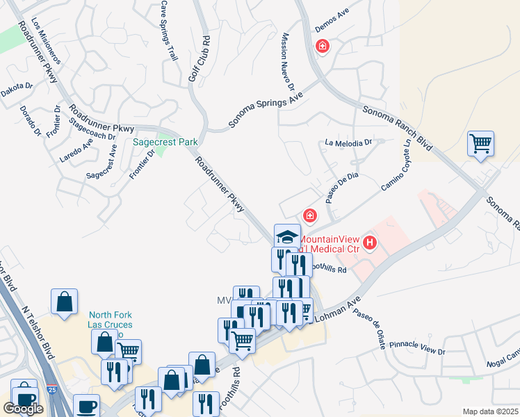 map of restaurants, bars, coffee shops, grocery stores, and more near 180 Roadrunner Parkway in Las Cruces