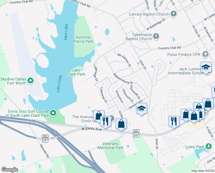 map of restaurants, bars, coffee shops, grocery stores, and more near 1106 Lakeway Drive in Ennis