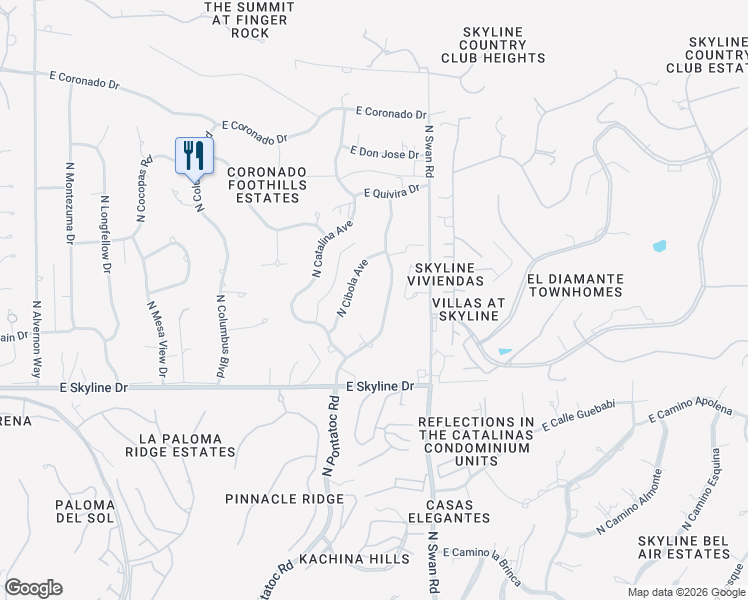map of restaurants, bars, coffee shops, grocery stores, and more near 6601 North Pontatoc Road in Tucson
