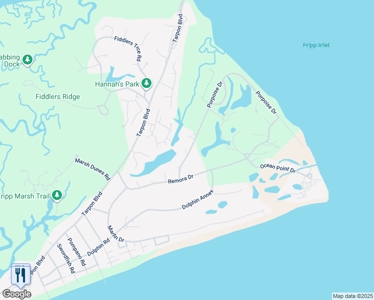 map of restaurants, bars, coffee shops, grocery stores, and more near 424 Porpoise Drive in Fripp Island