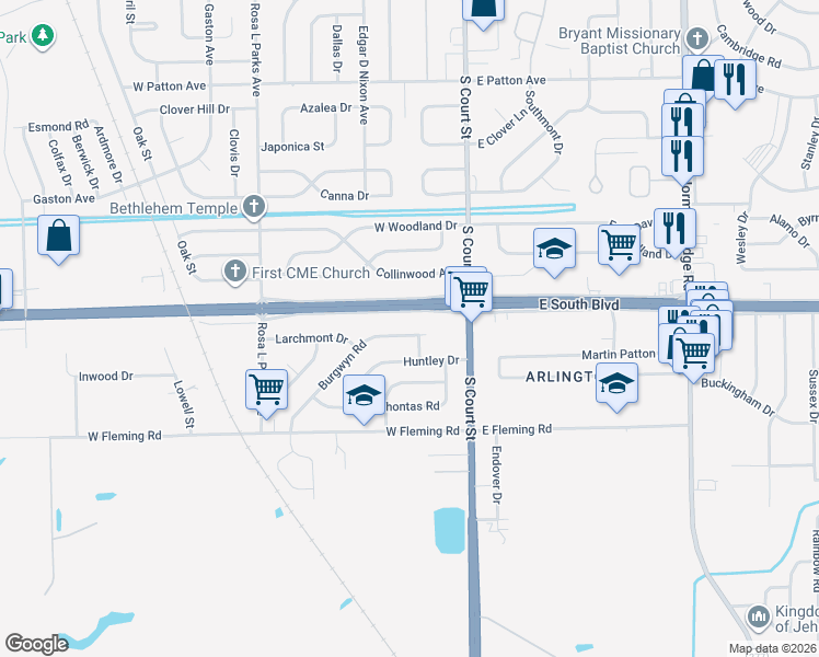 map of restaurants, bars, coffee shops, grocery stores, and more near 127 West South Boulevard in Montgomery