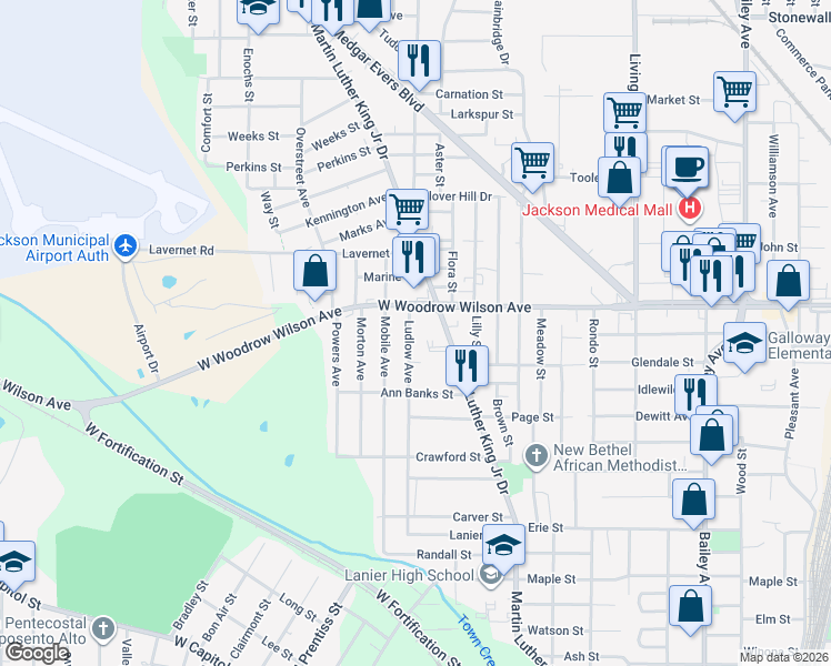 map of restaurants, bars, coffee shops, grocery stores, and more near 1049 West Woodrow Wilson Avenue in Jackson