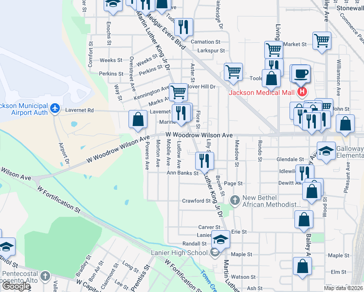 map of restaurants, bars, coffee shops, grocery stores, and more near 1049 West Woodrow Wilson Avenue in Jackson