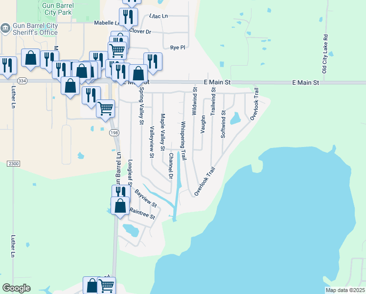 map of restaurants, bars, coffee shops, grocery stores, and more near 241 Whispering Trail in Gun Barrel City