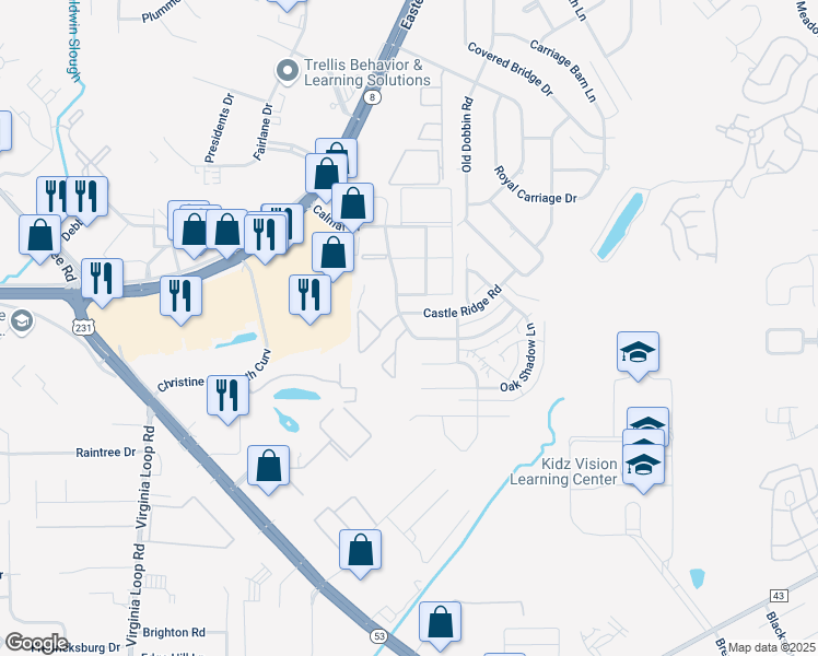 map of restaurants, bars, coffee shops, grocery stores, and more near 3627 Castle Ridge Road in Montgomery