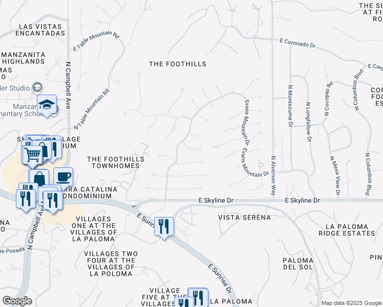 map of restaurants, bars, coffee shops, grocery stores, and more near 3577 East Lizard Rock Place in Tucson