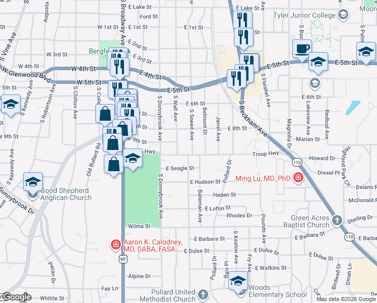 map of restaurants, bars, coffee shops, grocery stores, and more near 2127 South Sneed Avenue in Tyler