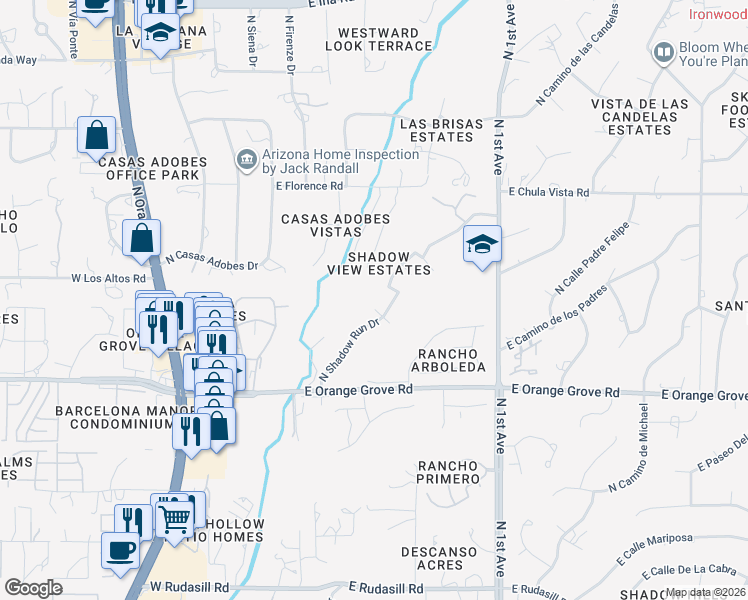 map of restaurants, bars, coffee shops, grocery stores, and more near 255 East Morning Sun Court in Tucson