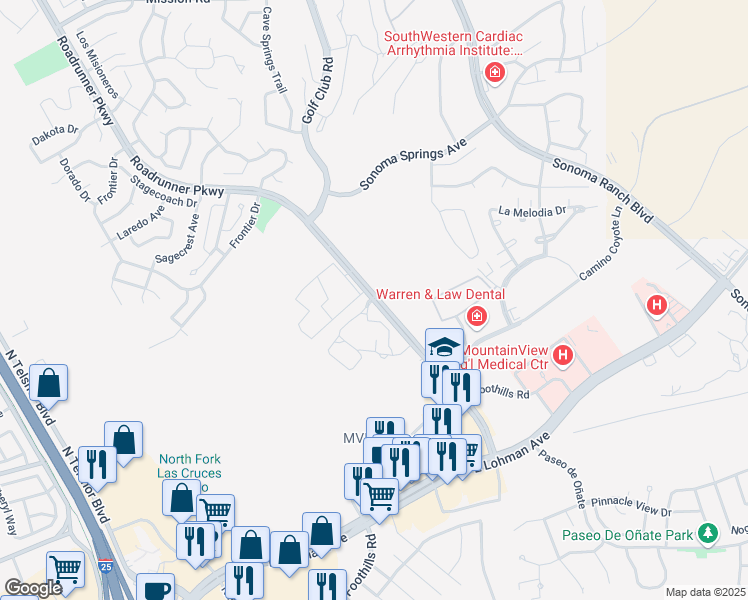 map of restaurants, bars, coffee shops, grocery stores, and more near 180 South Roadrunner Parkway in Las Cruces