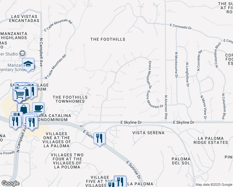 map of restaurants, bars, coffee shops, grocery stores, and more near 3577 East Lizard Rock Place in Tucson
