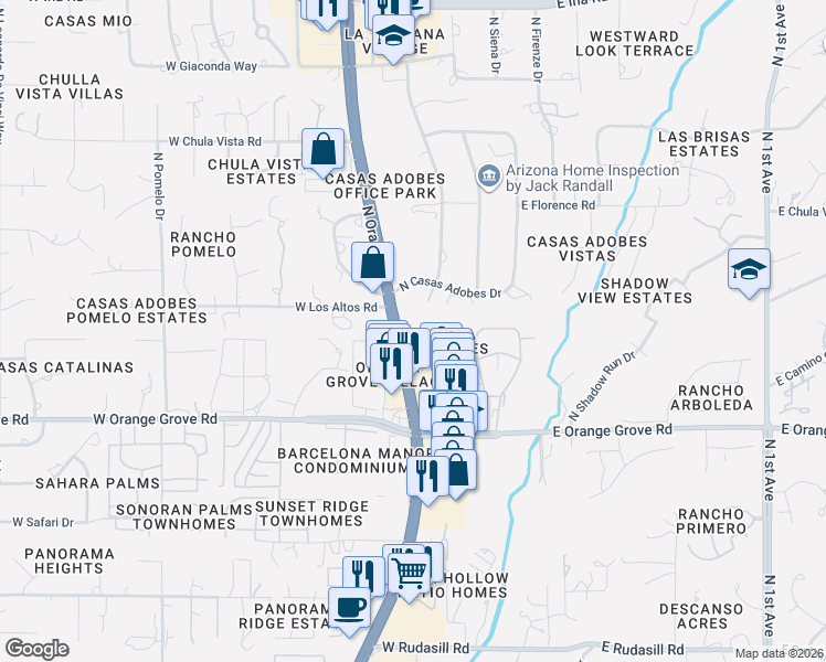 map of restaurants, bars, coffee shops, grocery stores, and more near 6588 North Oracle Road in Tucson