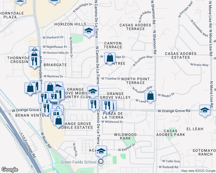 map of restaurants, bars, coffee shops, grocery stores, and more near 3252 West Calle Toronja in Tucson