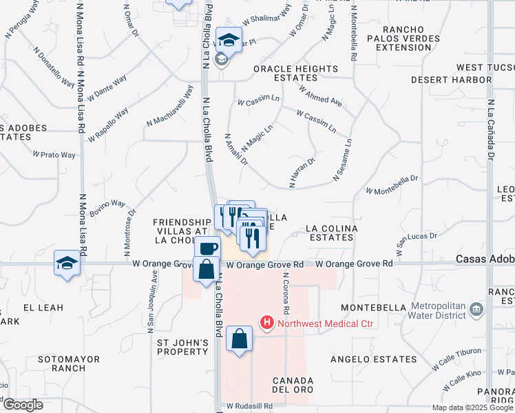 map of restaurants, bars, coffee shops, grocery stores, and more near 6625 North Amahl Circle in Tucson