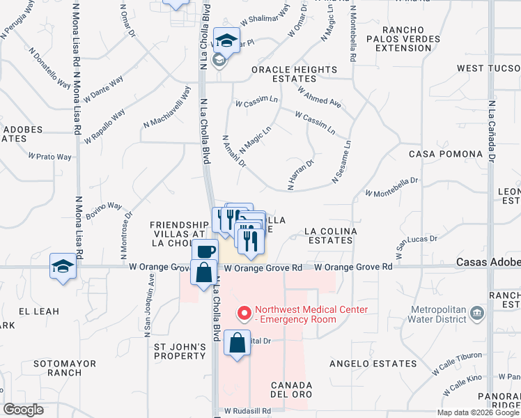 map of restaurants, bars, coffee shops, grocery stores, and more near 6625 North Amahl Circle in Tucson