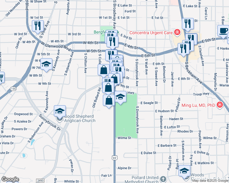 map of restaurants, bars, coffee shops, grocery stores, and more near in Tyler