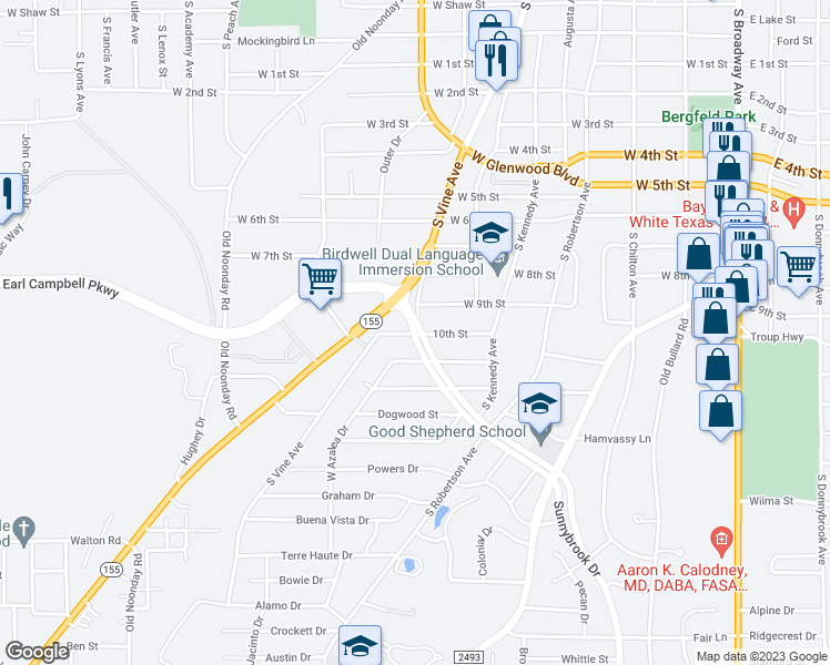 map of restaurants, bars, coffee shops, grocery stores, and more near 1212 South Vine Avenue in Tyler