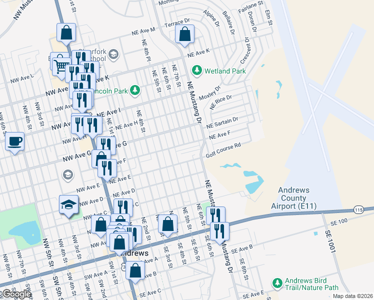 map of restaurants, bars, coffee shops, grocery stores, and more near 602-604 Northeast Avenue F in Andrews