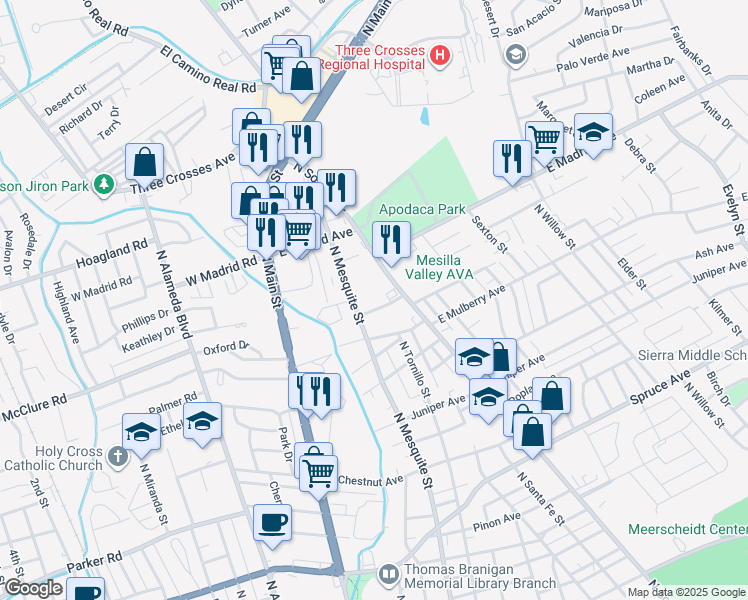map of restaurants, bars, coffee shops, grocery stores, and more near 1760 North Mesquite Street in Las Cruces