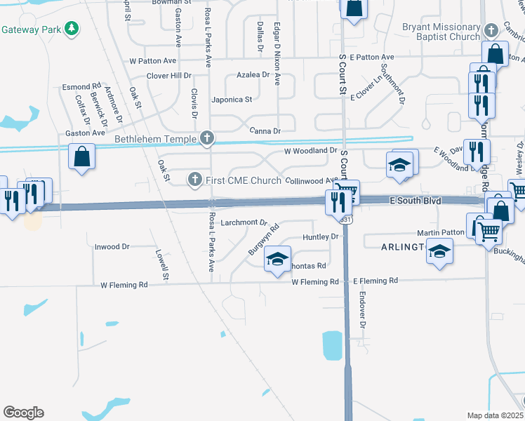 map of restaurants, bars, coffee shops, grocery stores, and more near 231 West South Boulevard in Montgomery
