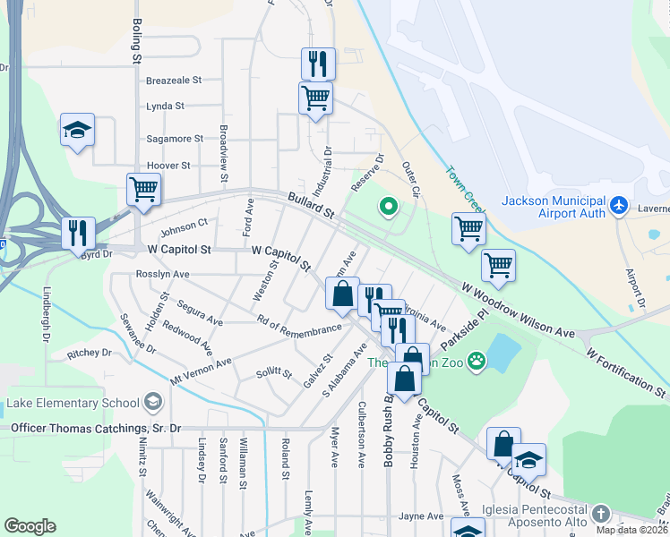 map of restaurants, bars, coffee shops, grocery stores, and more near 121 Columbia Avenue in Jackson