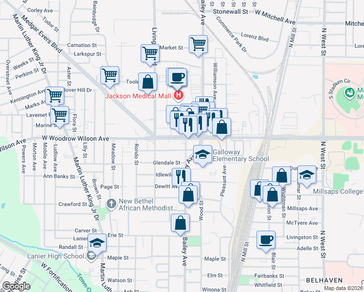 map of restaurants, bars, coffee shops, grocery stores, and more near 315 W Woodrow Wilson Ave in Jackson