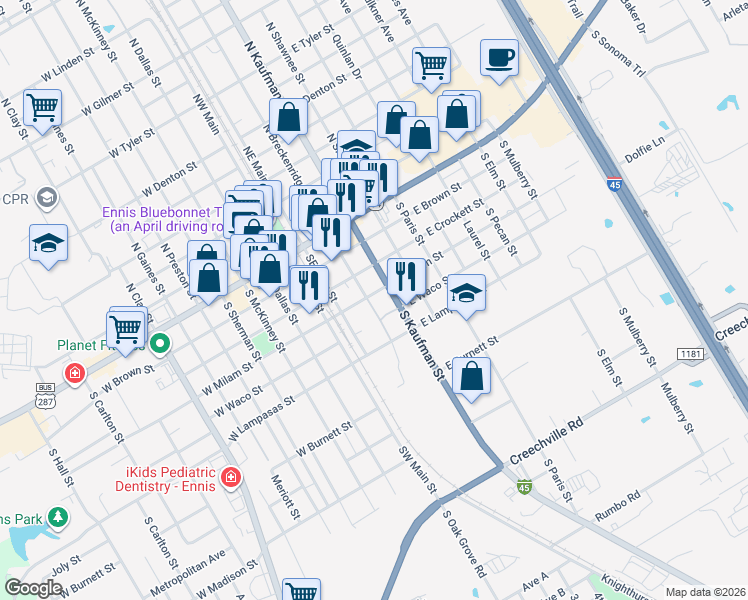 map of restaurants, bars, coffee shops, grocery stores, and more near 110 East Milam Street in Ennis