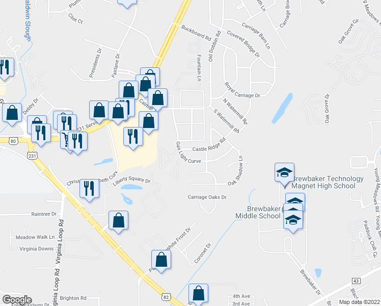 map of restaurants, bars, coffee shops, grocery stores, and more near 3631 Castle Ridge Road in Montgomery
