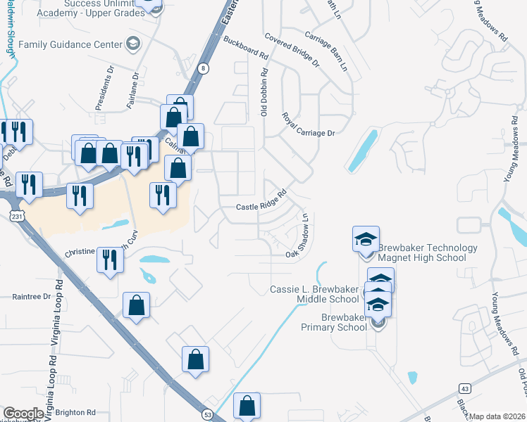 map of restaurants, bars, coffee shops, grocery stores, and more near 3531 Castle Ridge Road in Montgomery