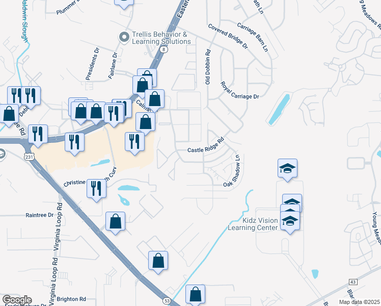 map of restaurants, bars, coffee shops, grocery stores, and more near 3627 Castle Ridge Road in Montgomery