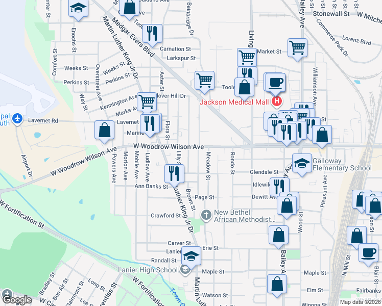 map of restaurants, bars, coffee shops, grocery stores, and more near 905 West Woodrow Wilson Avenue in Jackson
