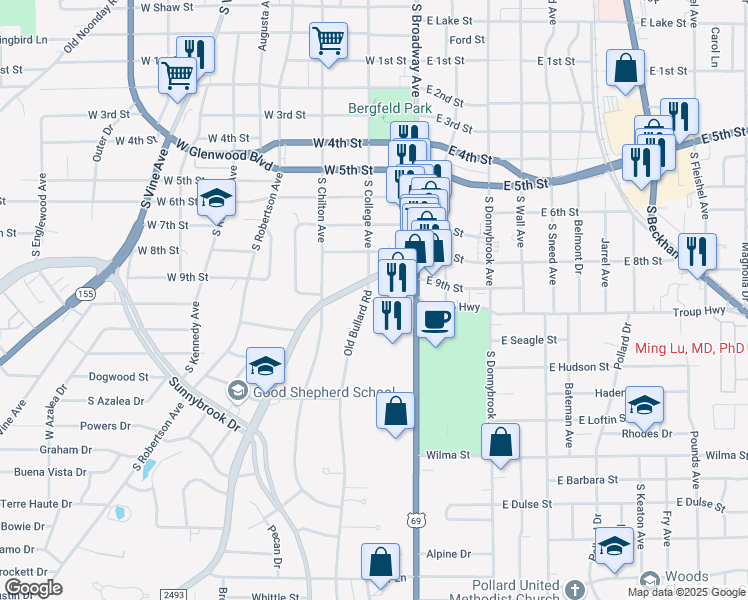 map of restaurants, bars, coffee shops, grocery stores, and more near 1992 Old Bullard Road in Tyler