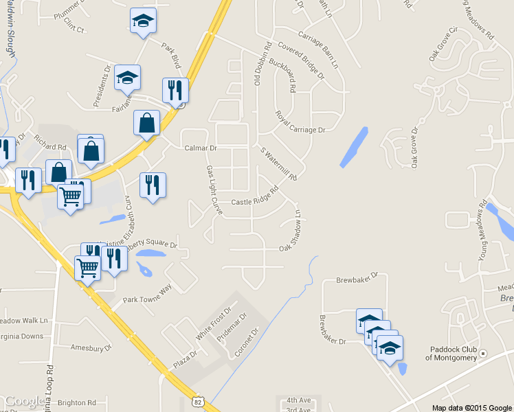 map of restaurants, bars, coffee shops, grocery stores, and more near 3531 Castle Ridge Rd in Montgomery