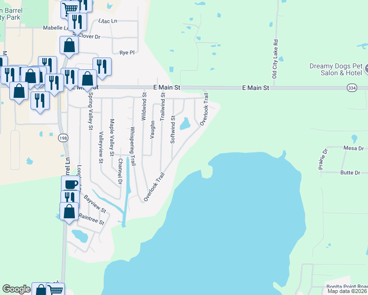 map of restaurants, bars, coffee shops, grocery stores, and more near 250 Overlook Trail in Gun Barrel City