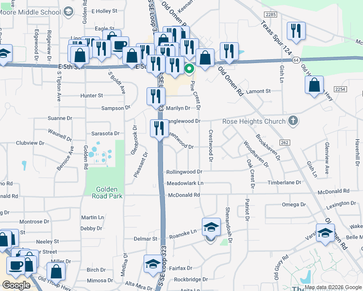 map of restaurants, bars, coffee shops, grocery stores, and more near 2725 Brentwood Drive in Tyler