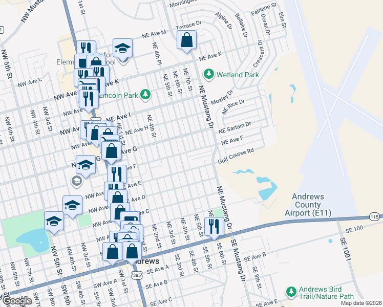 map of restaurants, bars, coffee shops, grocery stores, and more near 602 Northeast Avenue F in Andrews