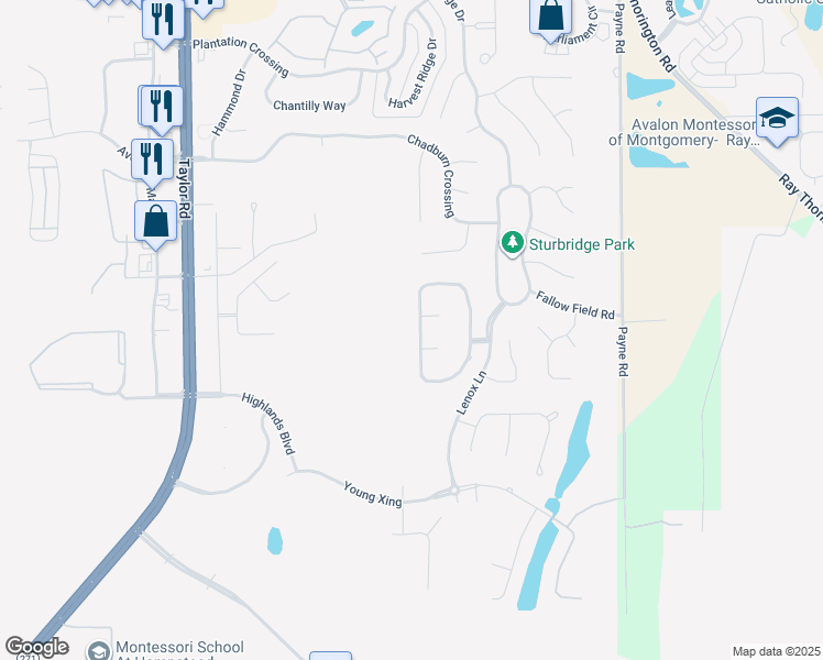 map of restaurants, bars, coffee shops, grocery stores, and more near 8512 Rockbridge Circle in Montgomery